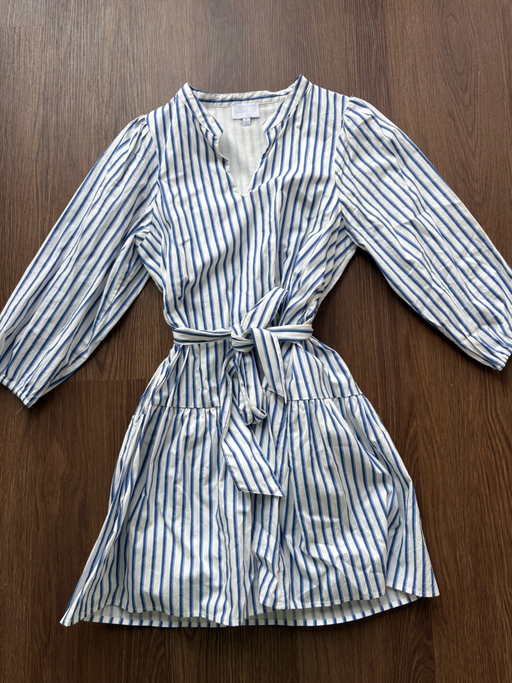 SugarLips Women’s Size Medium Blue & White Striped Tie-Waist Mini Dress